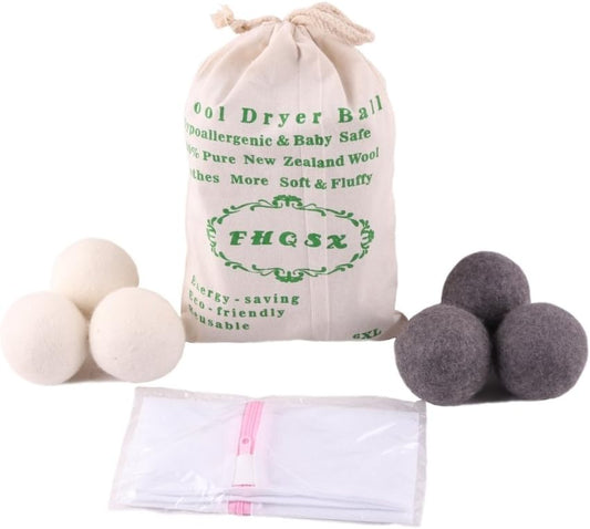 Wool Dryer Balls by FHQSX 6-Pack, XL Premium Reusable Natural Fabric Softener, White and Grey…