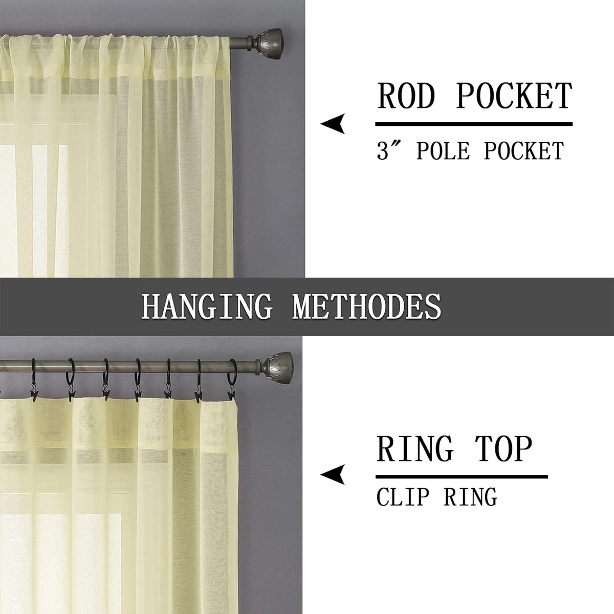 Tollpiz Short Sheer Curtain Linen Textured Living Room Curtains Sheer Light Filtering Rod Pocket Voile Curtain for Bedroom, 42 x 54 inches Long, Transparent Yellow, Set of 2 Panels