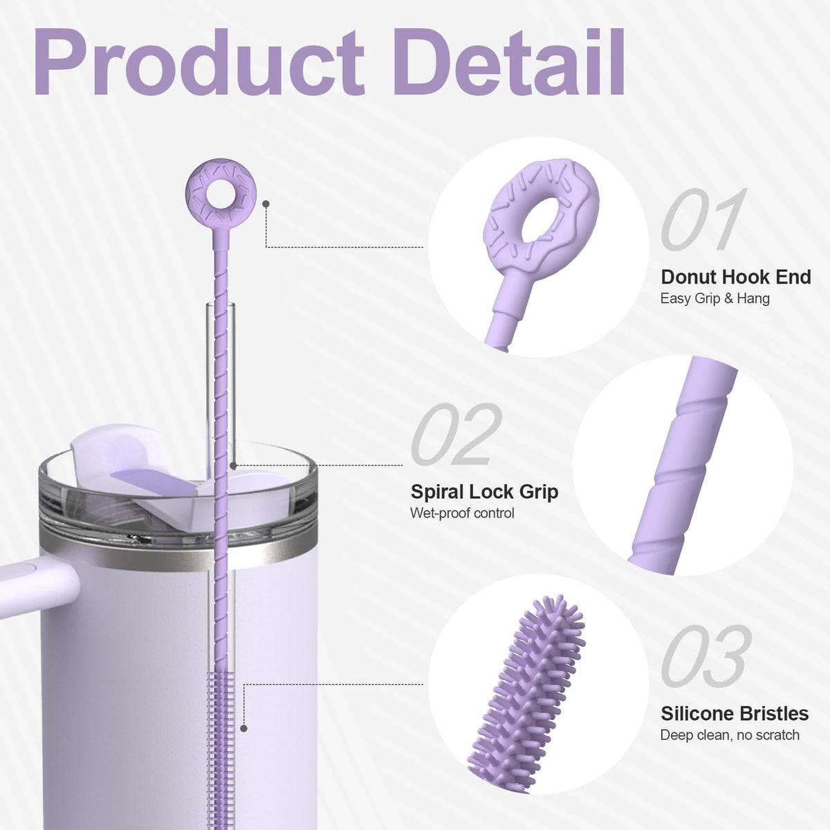 YOTIME Silicone Straw Cleaner Brush, 2 Pcs Reusable Straw Brush(6mm+9mm) for Cleaning Narrow & Wide Straws, Tumblers, Purple