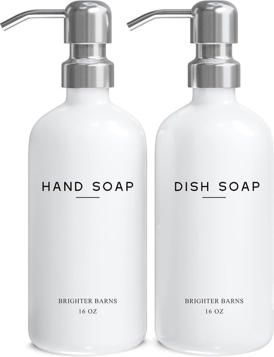 White Glass Hand and Dish Soap Dispenser Set by Brighter Barns - Modern Kitchen Soap Dispenser Set & Pump for Sink - Farmhouse Home Decor, Minimalist Kitchen Accessories (White)