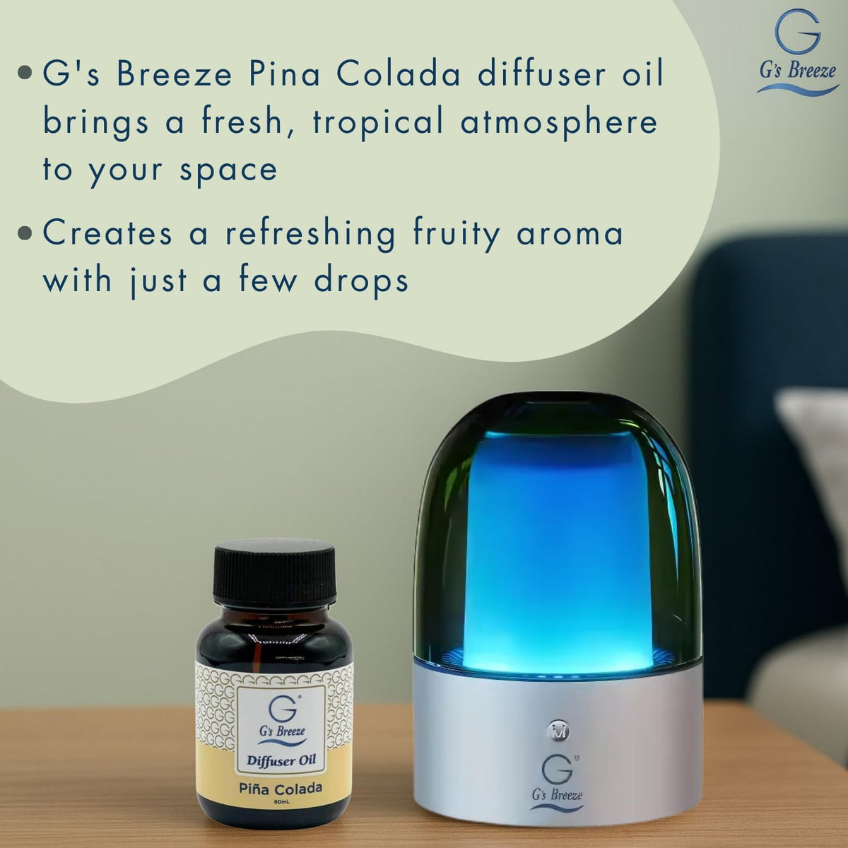 G's Breeze Piña Colada Diffuser Oil Refill - Tropical Coconut & Pineapple Scent - Long Lasting Fragrance, Uplifting Aroma - Ideal for Home & Office - Refreshing & Inviting Atmosphere - 60 ML