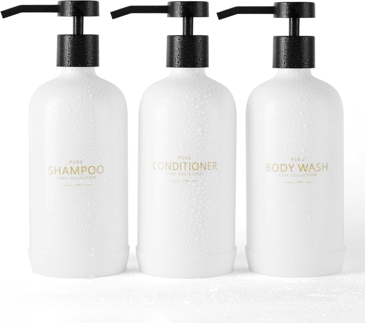 Shampoo and Conditioner Dispenser Set of 3,Refillable 21oz Shampoo Bottles with Non-Slip Protective Silicone Pad,Shower Soap Dispenser with Waterproof Labels for Bathroom (White)
