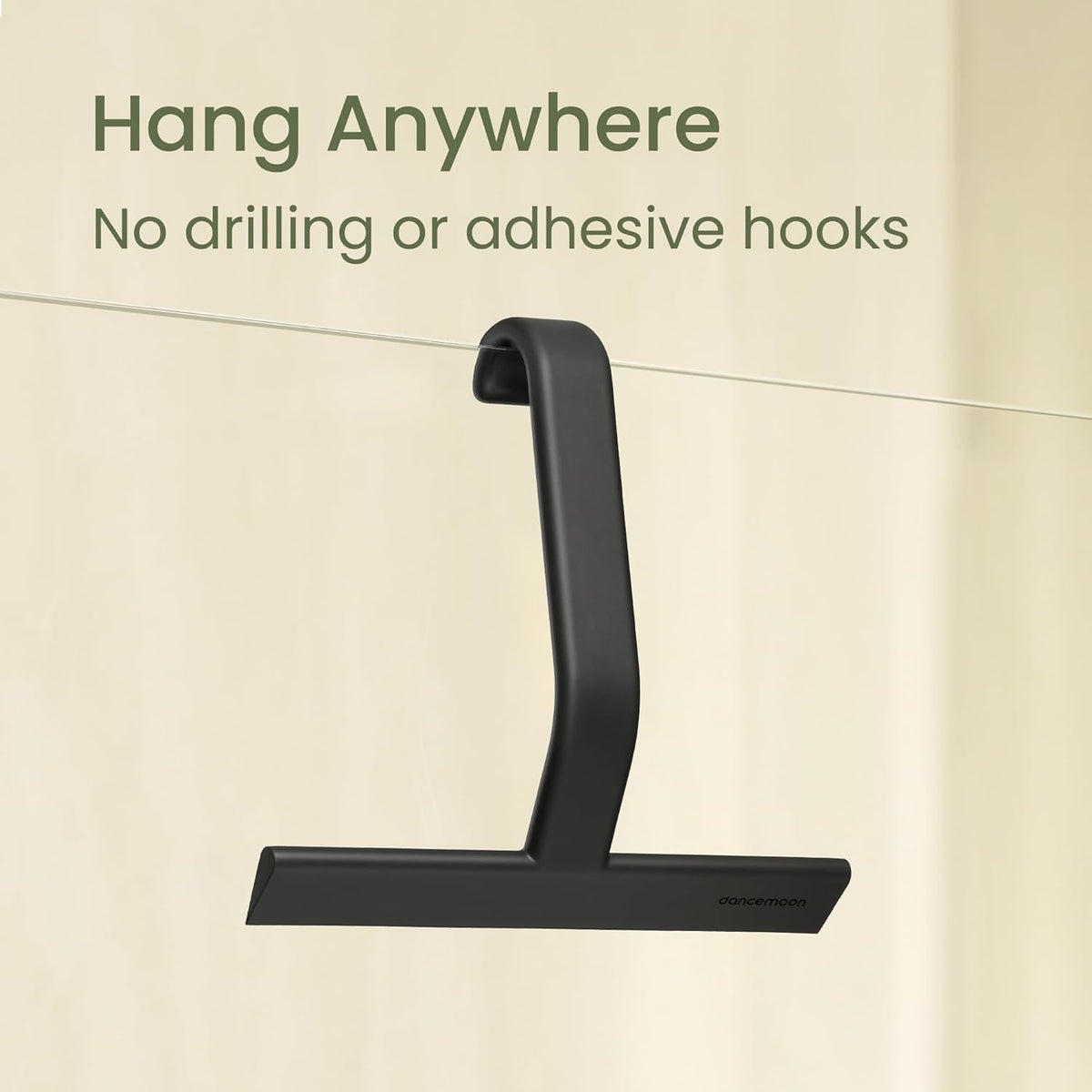 dancemoon JustHang Shower Squeegee for Glass Doors, All-One-Piece Silicone with Built-in Hook Design for Easy Hanging and Cleaning, 10 Inch Black