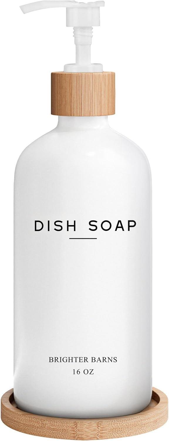 White Glass Dish Soap Dispenser for Kitchen Sink by Brighter Barns - Kitchen Soap Dispenser Set with Tray - Bamboo Pump Bottle - Neutral Minimalist Home Decor in RV, Office, Home, Airbnb, Gift (White)