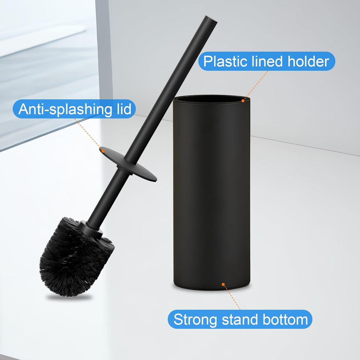 304 Stainless Steel Toilet Bowl Brush and Holder Set, Circular Floor Toilet Brush Holder, Long Handle, Bathroom Heavy-Duty Cleaner, High-End Cylinder Wall (Black) YIGUANXIN