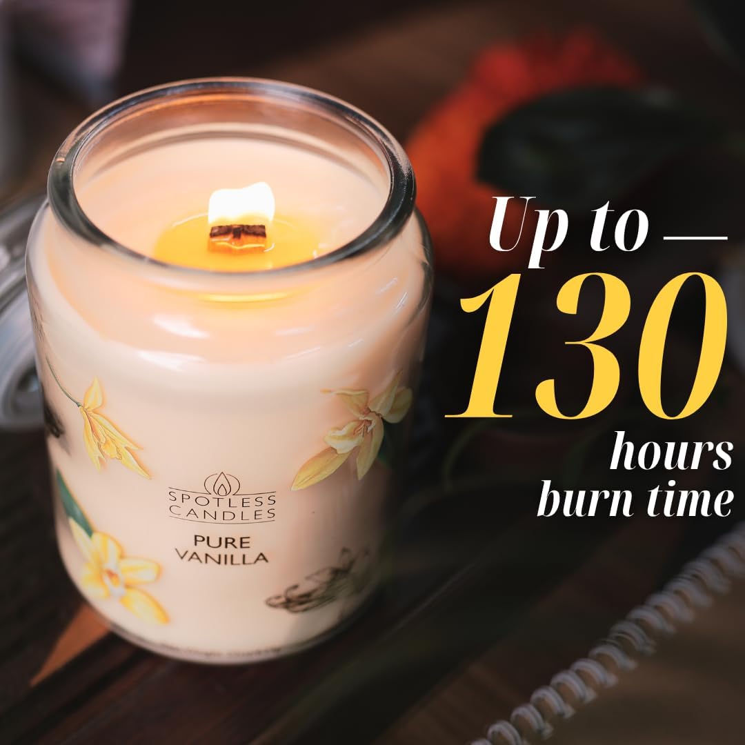 Vanilla Candle 22oz 16" x 9" Reusable Jar Candle 130 Hours Long Burn Time with Wooden Wick in Presentation Gift Box & Protective Shipper Spotless Leopard