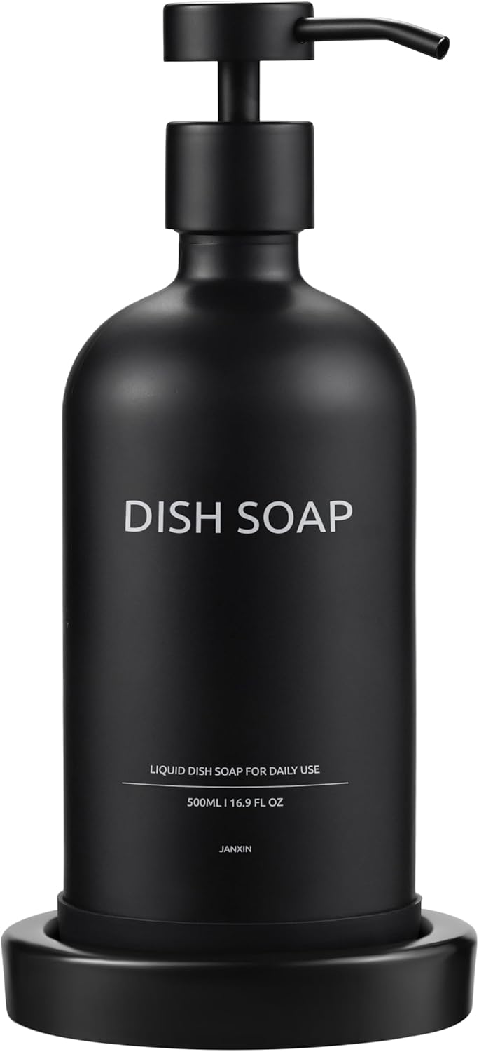 Glass Soap Dispenser Set by Janxin,Bathroom Soap Dispenser Set with Ceramic Tray,Luxury Bathroom Accessories,Modern Kitchen Decor (Black(Dish Soap))