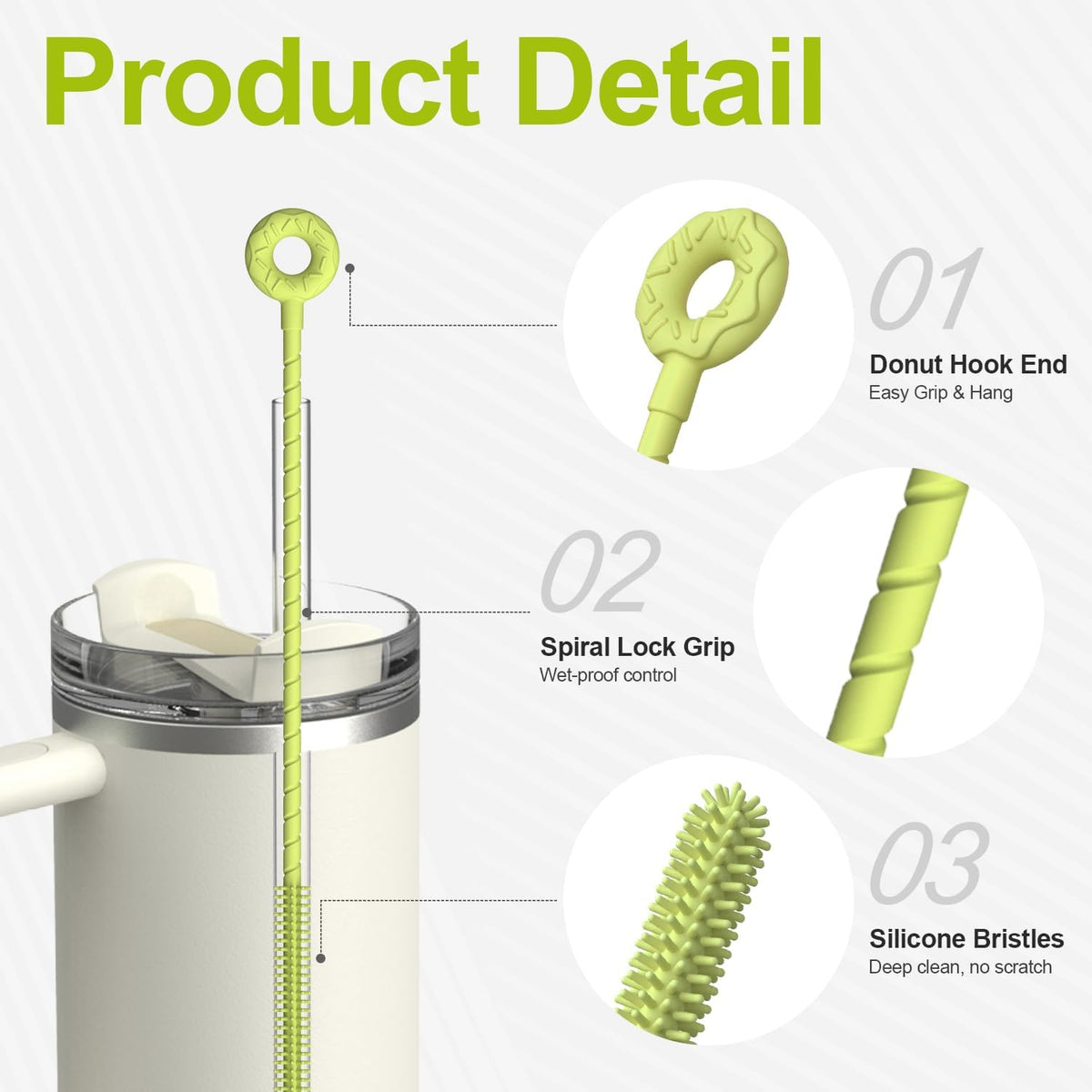 YOTIME Silicone Straw Cleaner Brush, 2 Pcs Reusable Straw Brush(6mm+9mm) for Cleaning Narrow & Wide Straws, Tumblers, Green