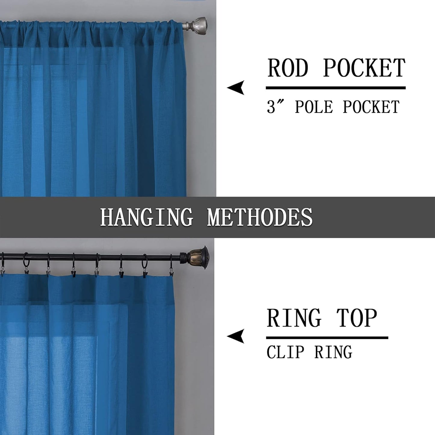Tollpiz Short Sheer Curtain Linen Textured Bedroom Curtains Sheer Light Filtering Rod Pocket Voile Curtain for Living Room, 54 x 54 inches Long, Classic Blue, Set of 2 Panels