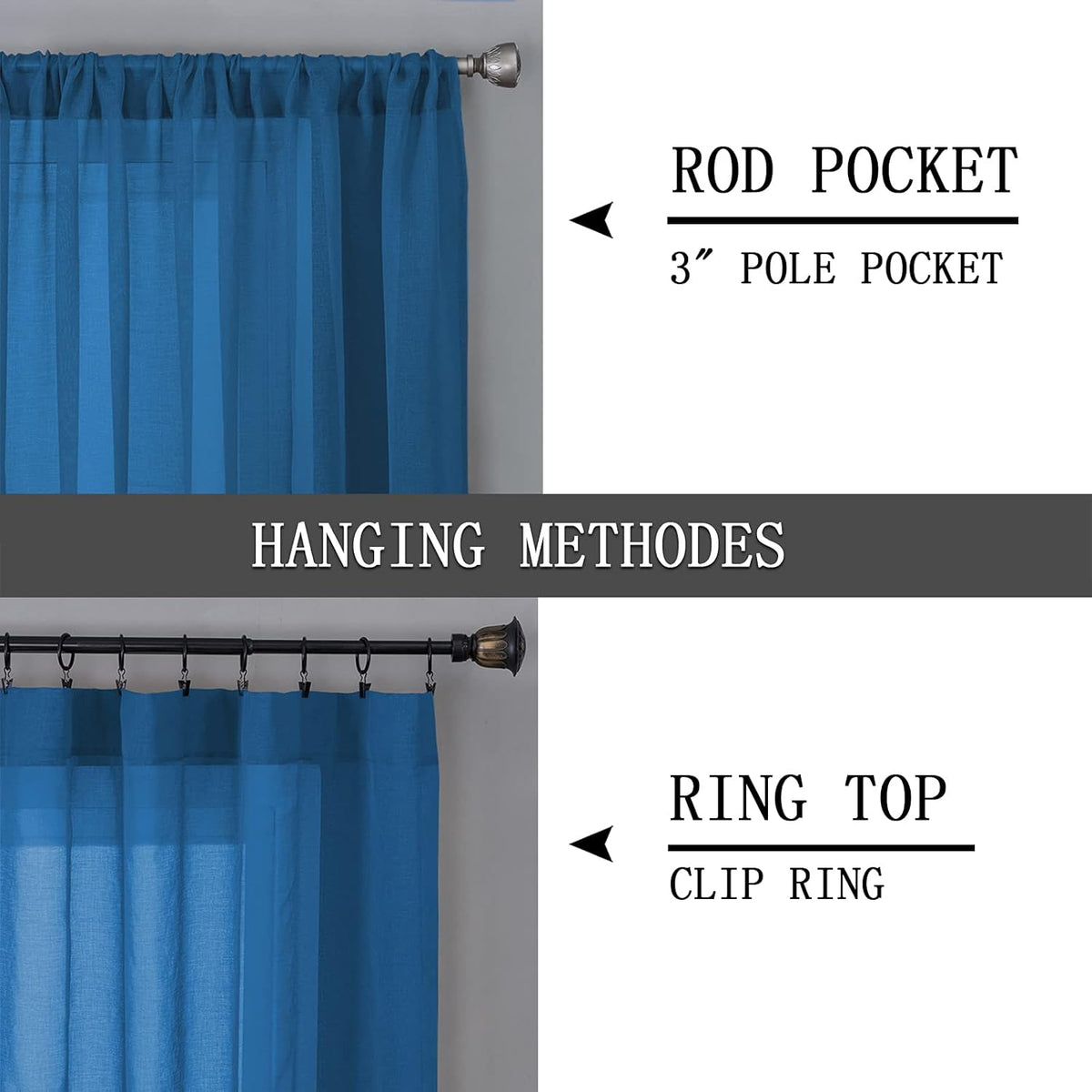 Tollpiz Short Sheer Curtains Linen Textured Living Room Curtain Sheers Light Filtering Rod Pocket Voile Curtains for Bedroom, 42 x 45 inches Long, Classic Blue, Set of 2 Panels