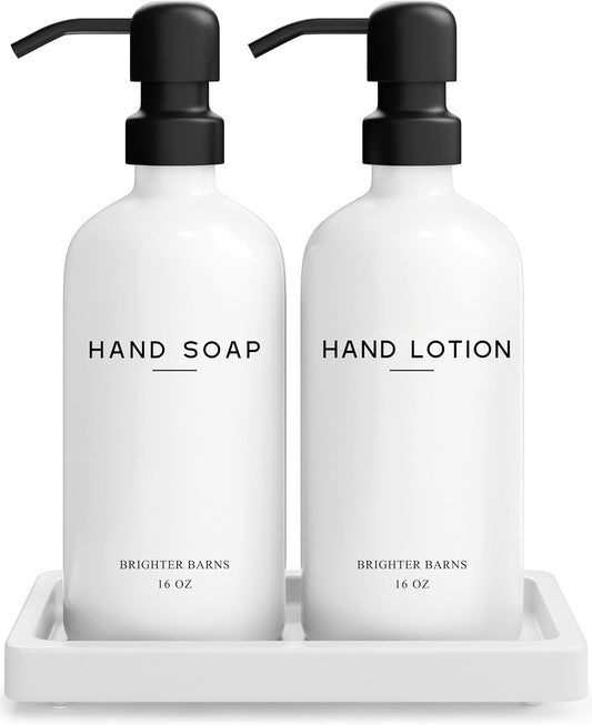 White Glass Soap and Lotion Dispenser Set with Tray by Brighter Barns - Hand Soap Dispenser Bathroom Set & Stainless Steel Pump for Home, Vacation Rental - Modern Bathroom Accessories & Decor (White)