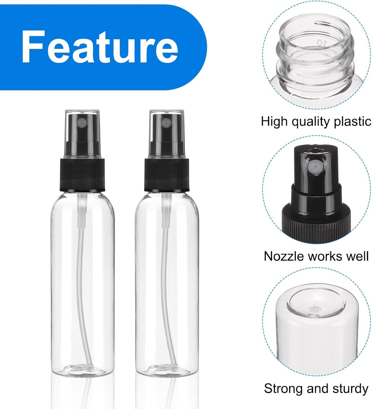 uxcell 20 Pack Spray Bottles, 2 Oz/60ML Clear Empty Mist Plastic Mini Travel Bottle Set,Small Refillable Liquid Containers for Household Use, Essential Oil, Cleaning (Transparent Black)