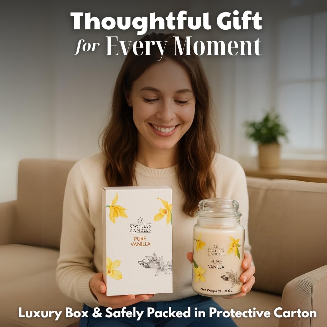 Vanilla Candle 22oz 16" x 9" Reusable Jar Candle 130 Hours Long Burn Time with Wooden Wick in Presentation Gift Box & Protective Shipper Spotless Leopard