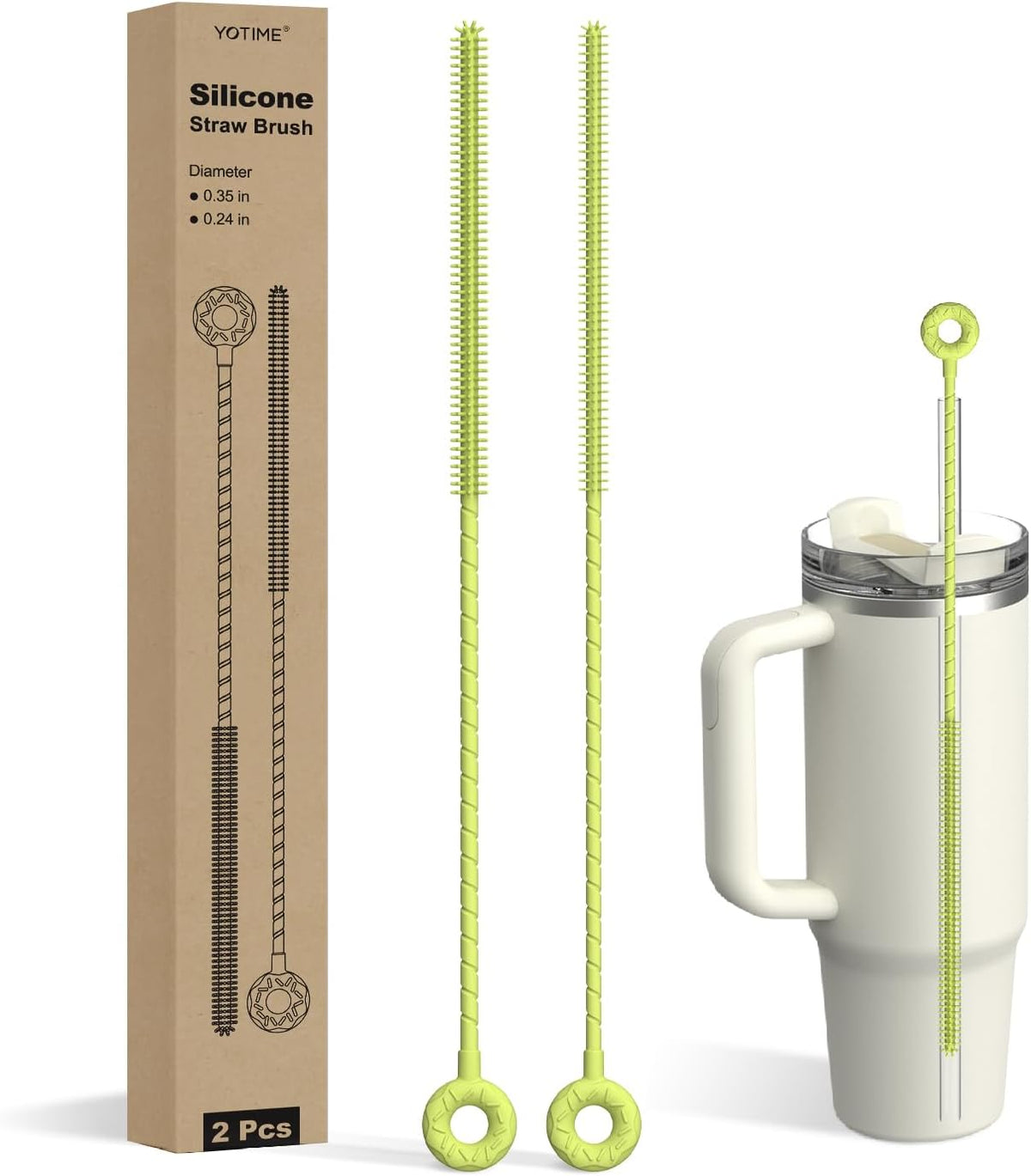 YOTIME Silicone Straw Cleaner Brush, 2 Pcs Reusable Straw Brush(6mm+9mm) for Cleaning Narrow & Wide Straws, Tumblers, Green