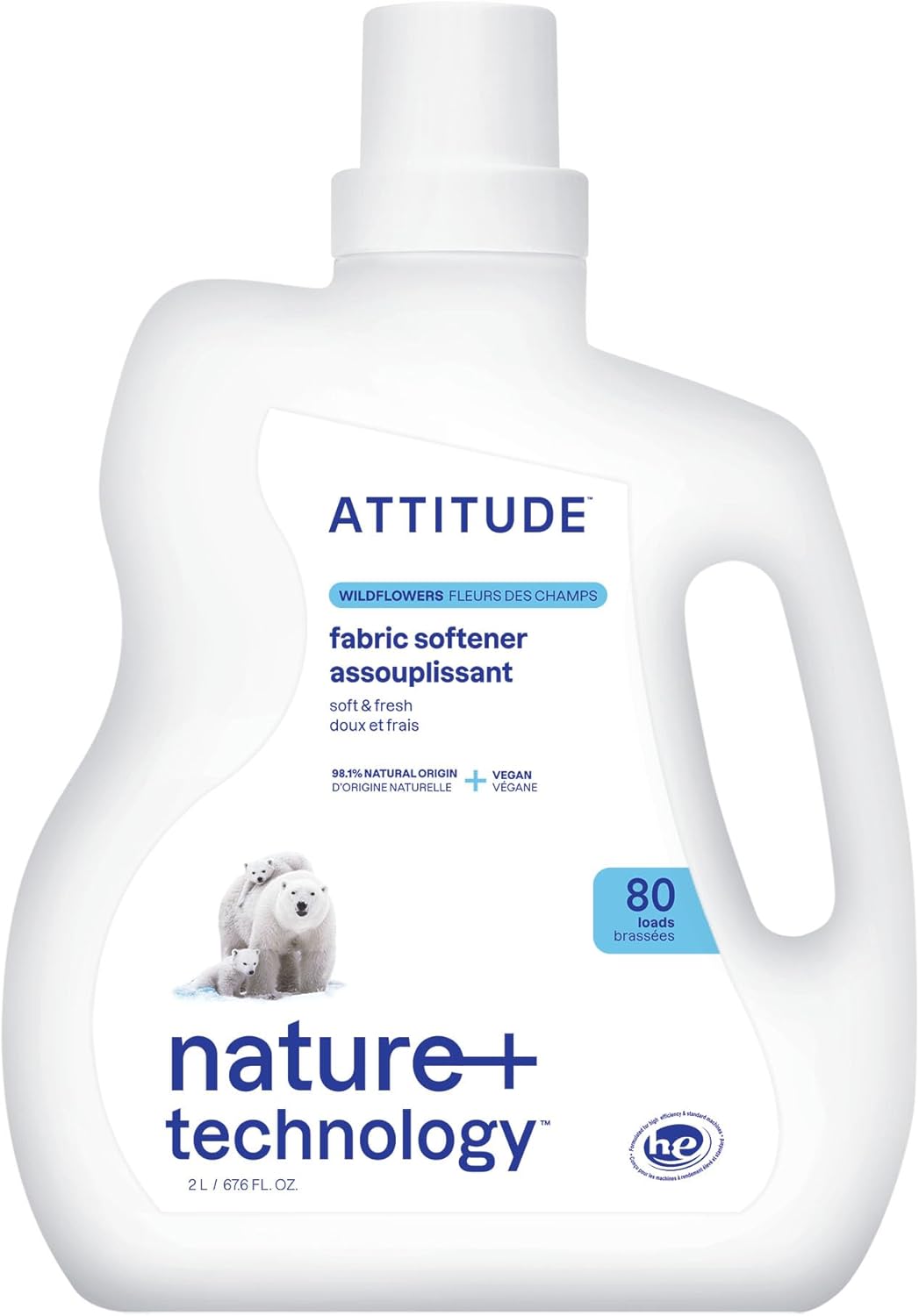 ATTITUDE Liquid Fabric Softener, Plant-Based & Vegan, HE Compatible, Naturally Derived, Wildflowers Scent, 80 Loads, 67.6 Fl Oz