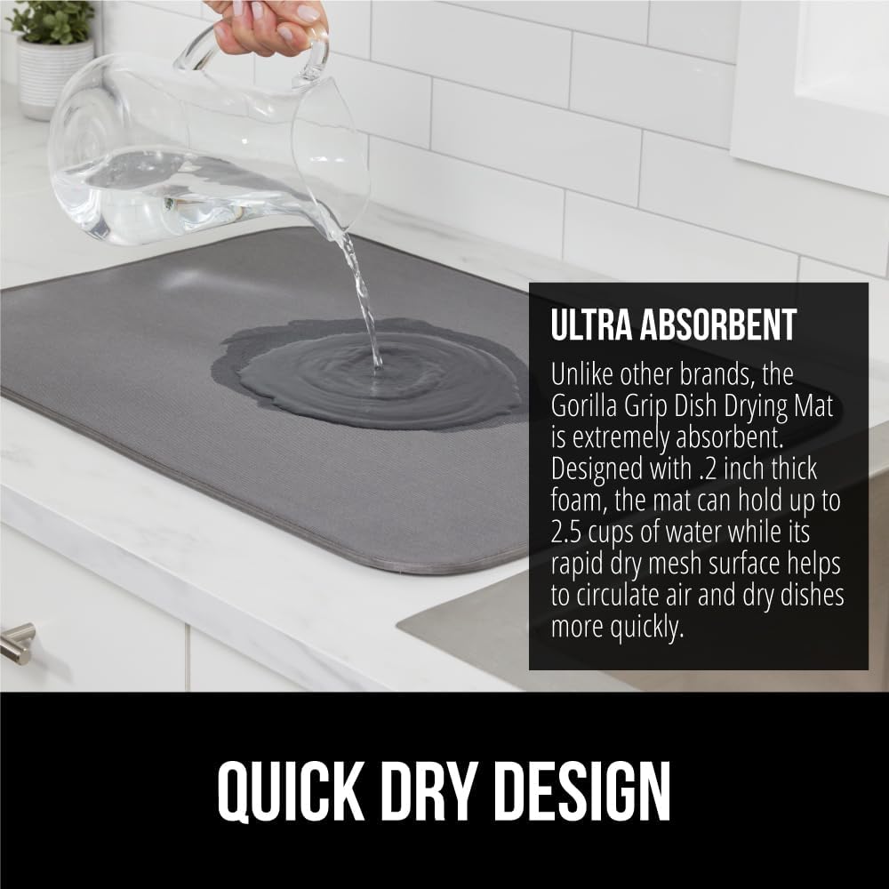 GORILLA GRIP Ultra Water Absorbent Microfiber Dish Drying Mat, Quick Dry Thick Mesh, Slip Resistant Pad for Sink Dishes or Under Rack, Kitchen Counter Accessories, 16x18, Machine Wash, 2 Pack Gray