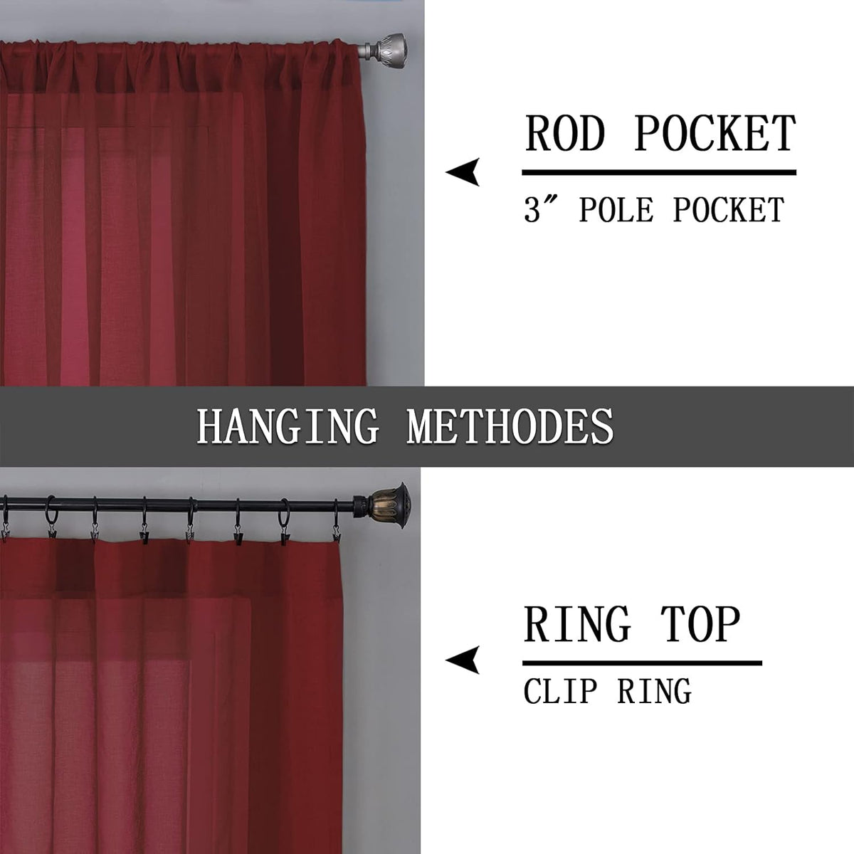 Tollpiz Short Sheer Curtain Linen Textured Living Room Curtains Sheer Light Filtering Rod Pocket Voile Curtain for Bedroom, 42 x 54 inches Long, Burgundy Red, Set of 2 Panels
