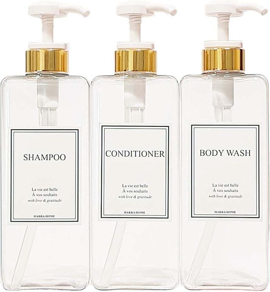 Modern Gold Design Large 27 oz Shampoo and Conditioner Dispensers - Empty Plastic Refillable Pump Bottle Set for Bathroom Shower Soap Dispenser, Set of 3 (Clear & White)