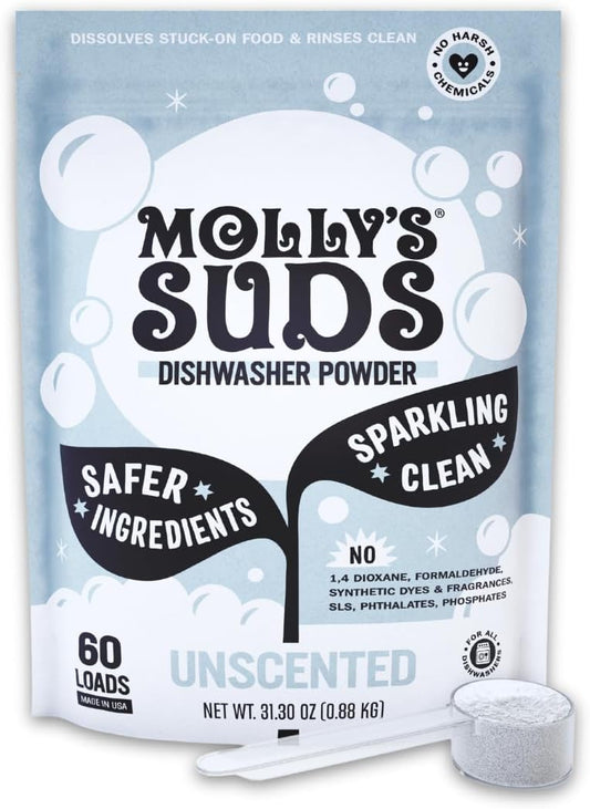 Molly's Suds Dishwasher Powder | Clean Dishwasher Detergent, Cuts Grease & Rinses Clean (Residue-Free) for Sparkling Dishes | 60 Loads (Unscented)