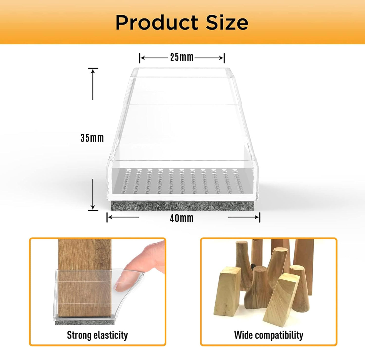 Square Chair Leg Protectors for Hardwood Floors,16 Pcs Silicone Felt Furniture Legs Caps to Prevent Floor from Scratches and Reduce Noise, Easy to Move,1.3-1.54",Clear.