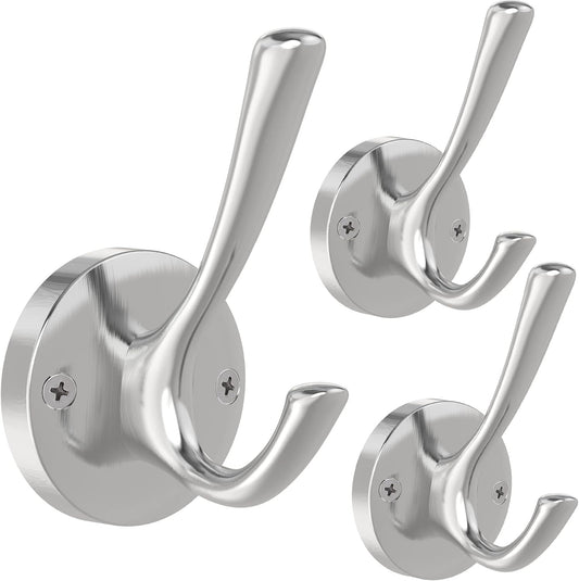 Brushed Nickel Robe Hooks Towel Hooks, 3 Pack Coat Hook Heavy Duty Mudroom Hook Double Bathrobe Hook Wall Mounted, Hat Hooks for Entryway Bathroom Kitchen Closet