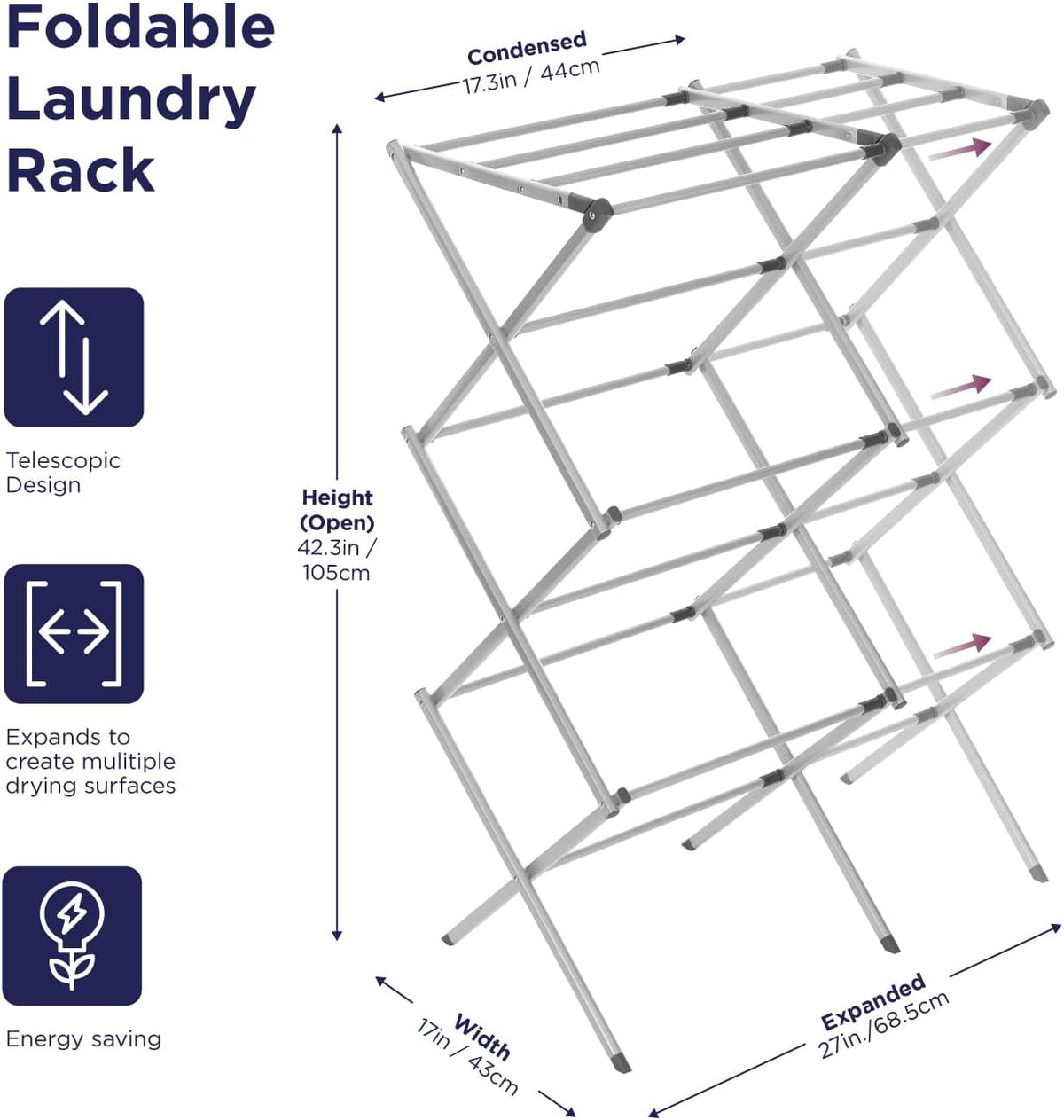 BLACK+DECKER Laundry Organization Expandable/Collapsible Clothes Drying Rack. Essential for Camping/Trailers or Anywhere You Air Dry Laundry. Oversized for Multiple Garments, (Grey)