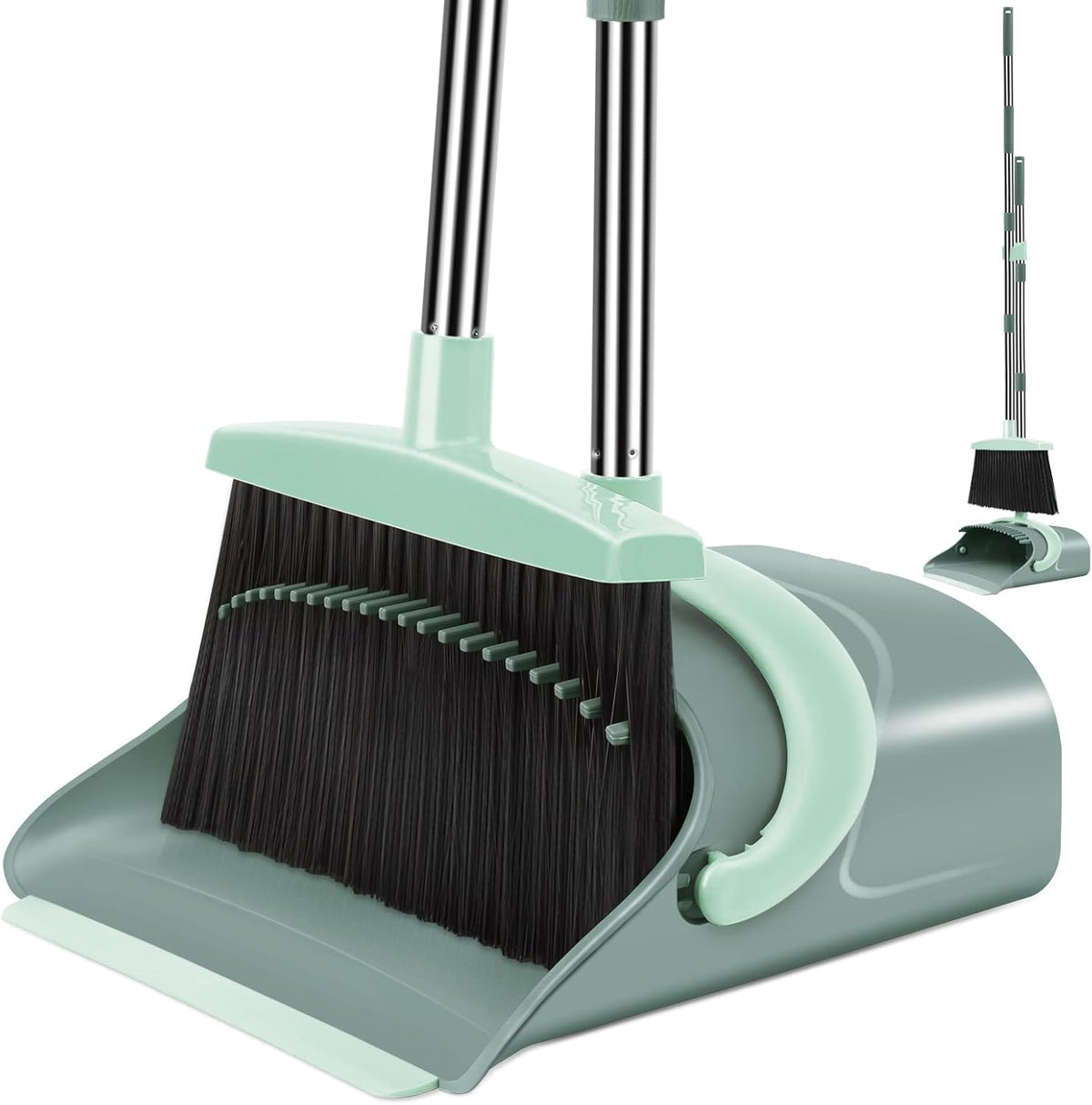 Broom and Dustpan Set for Home, Dust pan with Long Handle, Broom with Dustpan Combo Set, for Home Kitchen Room Office Lobby Floor Use Upright Stand Up Sweeping (Gray&Green)