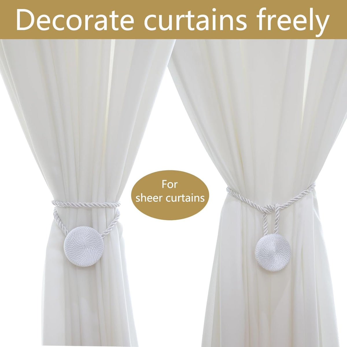 Magnetic Curtain Tiebacks - 12mm Magnetic Tie Backs for Curtains, Heavy Duty No Drill Curtain Holdbacks for Home/Office Windows Drapes, Elegant Gift-Ready Design 7 Colors (4, White)