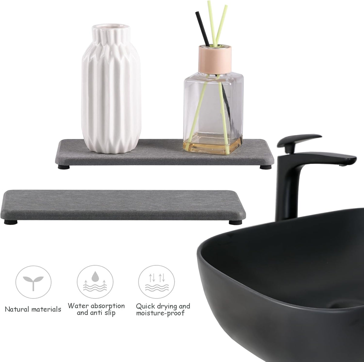 2 Pcs Water Absorbing Stone Trays, Kitchen/Bathroom Sink Soap Dish, Diatomite Tray Used for Hand Soap & Cosmetic Bottles in The Modern Home, 3.15" W x 8.7" L, Gray