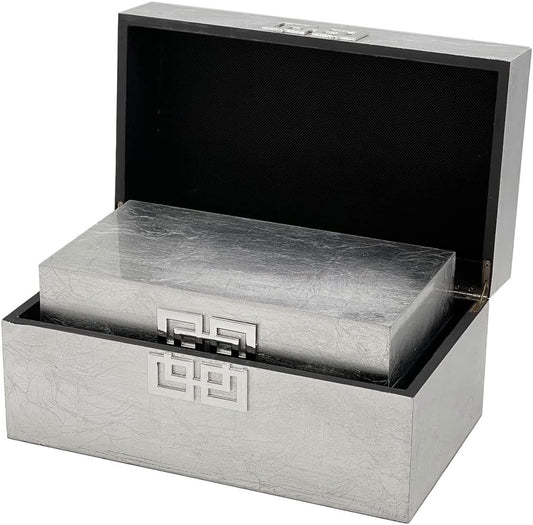 Galt International Storage Box Set Decorative Storage Box w/Hinged Lid Classic Design Wood Decor Boxes with Geometric Clasp Storage for Bedroom & Home - Set of 2 (Silver)