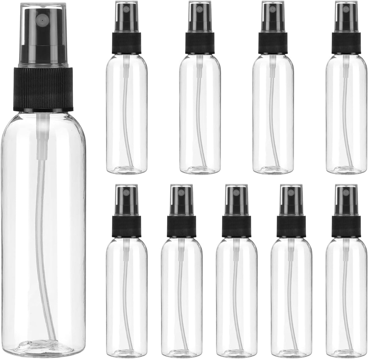 uxcell 10 Pack Spray Bottles, 2 Oz/60ML Clear Empty Mist Plastic Mini Travel Bottle Set,Small Refillable Liquid Containers for Household Use, Essential Oil, Cleaning (Transparent Black)