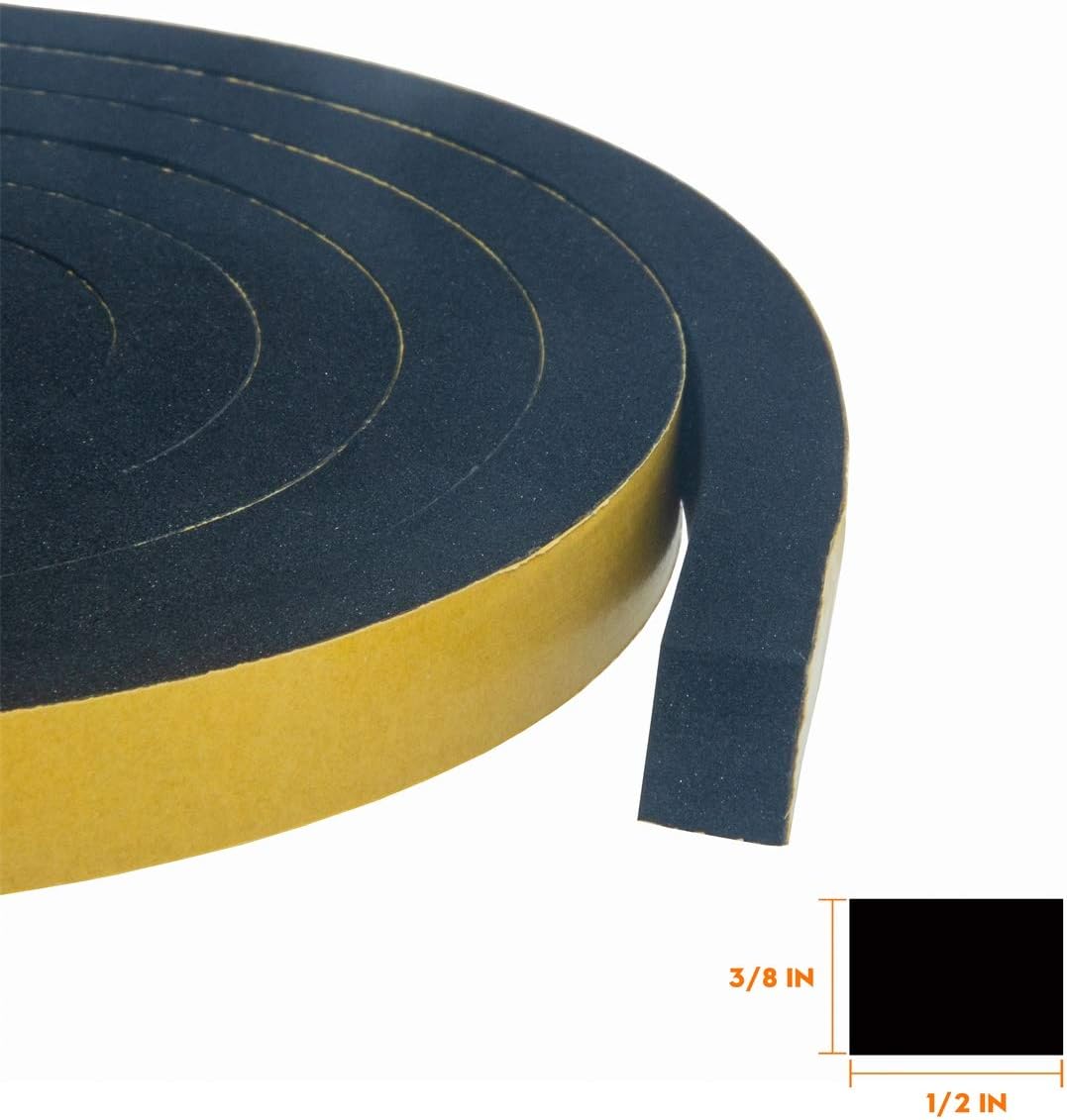 High Density Foam Tape 2-Pack, 1/2 Inch Wide X 3/8 Inch Thick, Self-Adhesive Neoprene Weather Stripping for Insulation (13 Feet Total, 6.5 Feet/Roll)