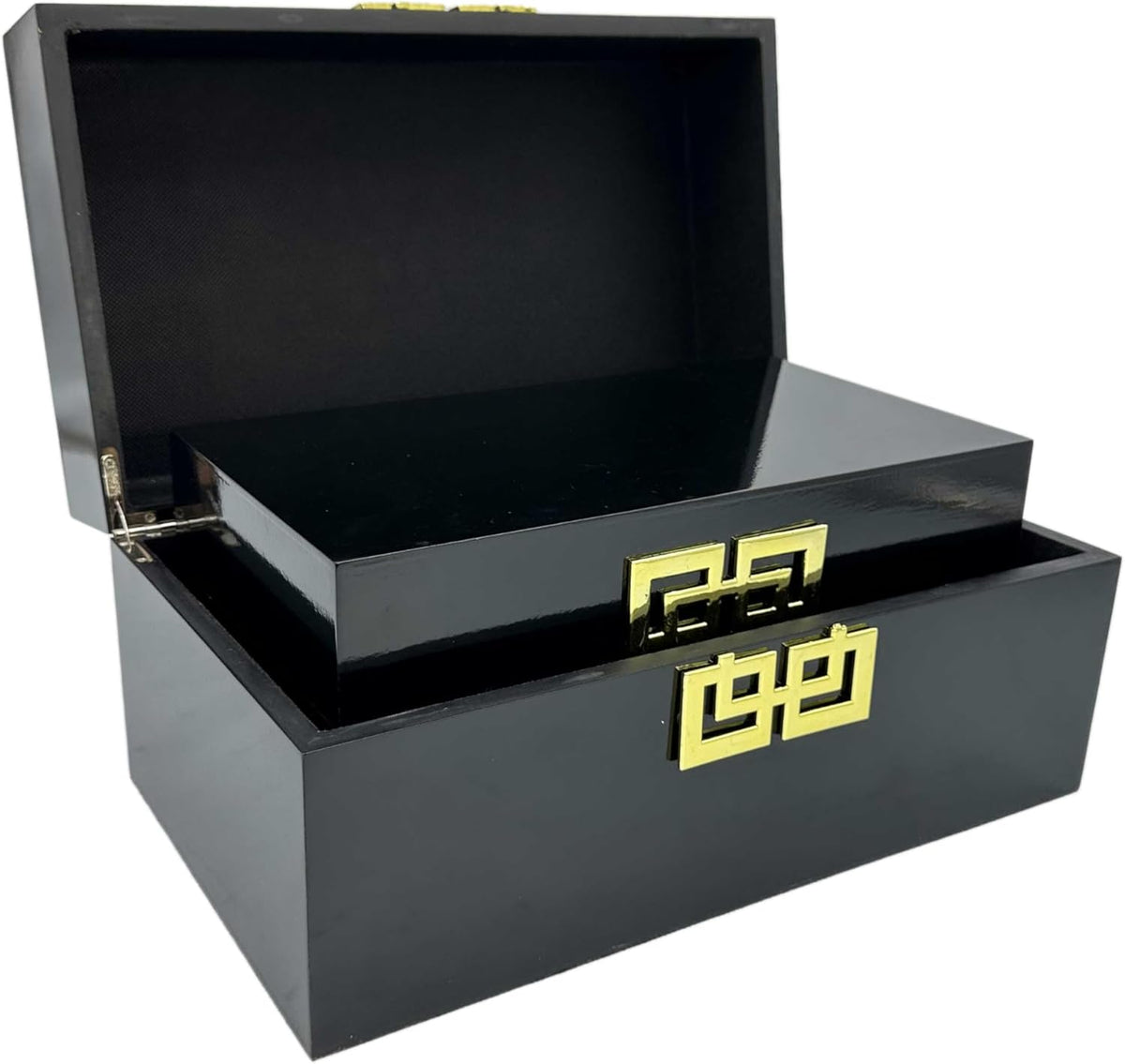 Galt International Storage Box Set Decorative Storage Box w/Hinged Lid Classic Design Wood Decor Boxes with Geometric Clasp Storage for Bedroom & Home - Set of 2 (Black & Gold)