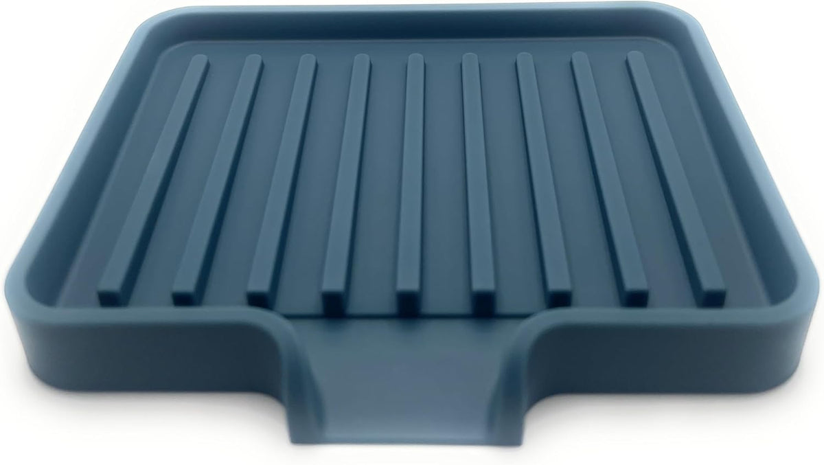 Happitasa Silicone Soap Dish Tray and Sponge Holder with Drain Chute, Pack of 2 | Bathroom and Kitchen Sink Organizer Caddy (Smoky Blue, 5.2"x4", 7.2 Ounces)