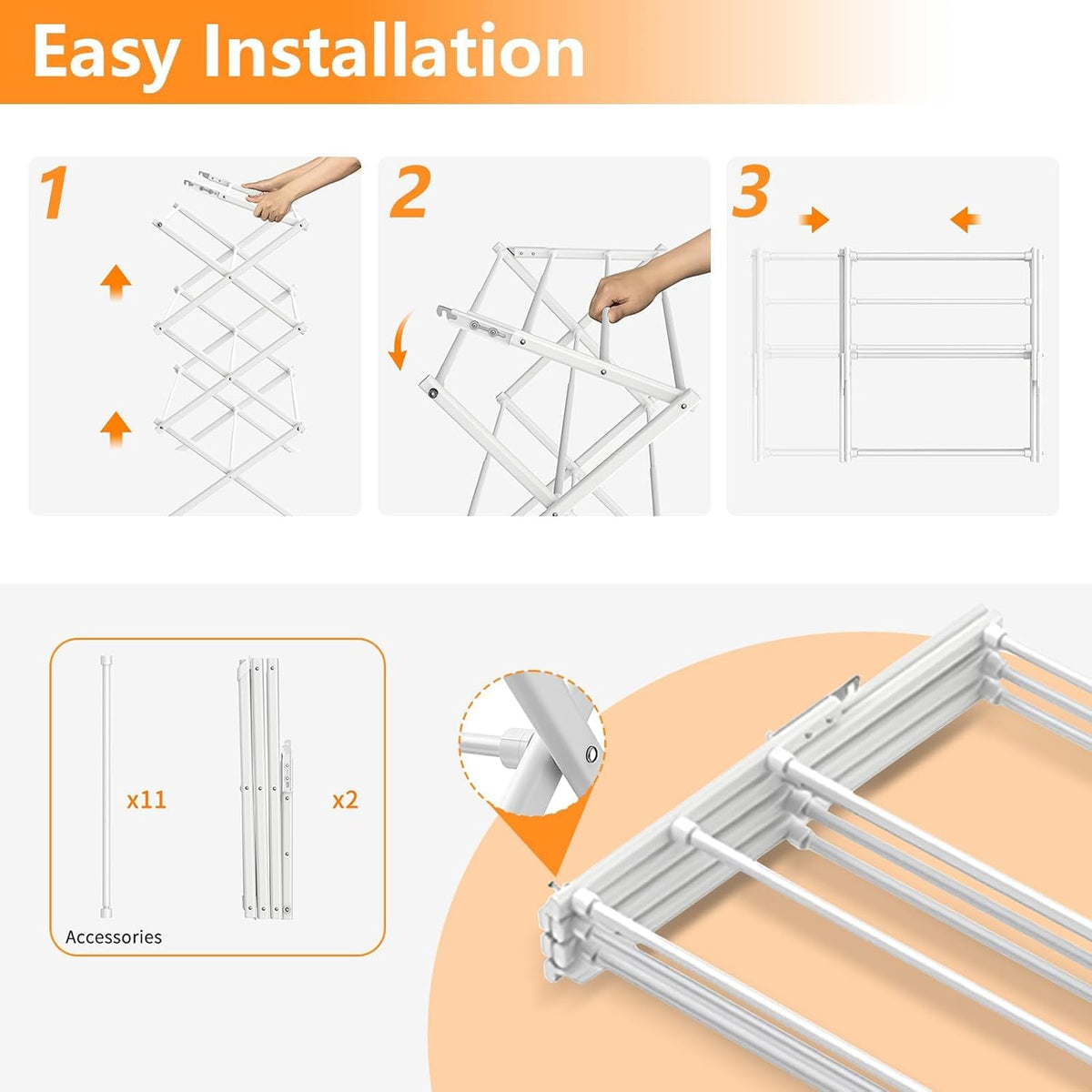 3 Tier Clothes Drying Rack,Foldable & Portable Clothing Drying Rack,Space-Saving Design, Indoor & Outdoor Laundry Rack for Drying Clothes,Metal Dryer Rack-Pure White