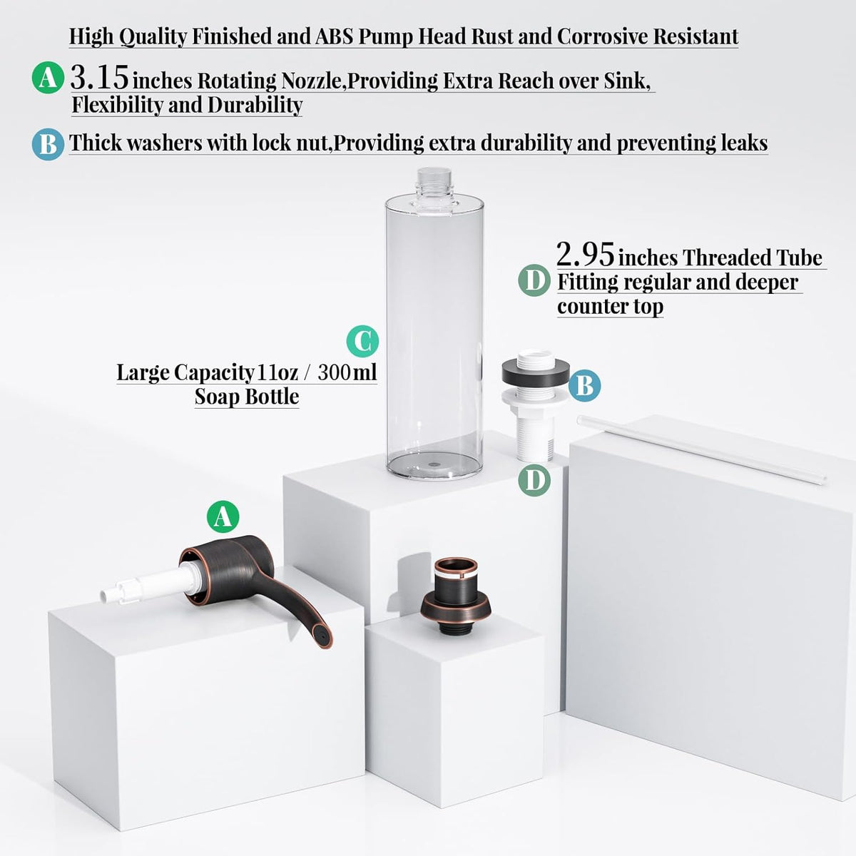 SAMODRA Kitchen Sink Soap Dispenser Oil Rubbed Bronze Built-in Soap Dispenser,ABS Dispenser Pump Head with 11 oz PET Bottle, Refill from Top