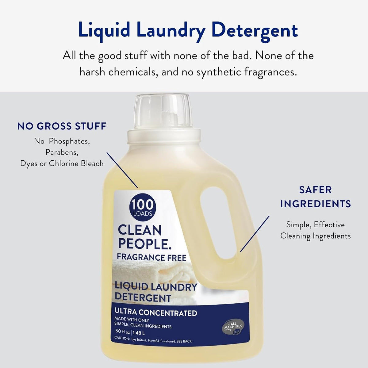 The Clean People Liquid Laundry Detergent - Recyclable Packaging, Stain Fighting - Ultra Concentrated, Laundry Soap - Fragrance Free, 50 fl oz