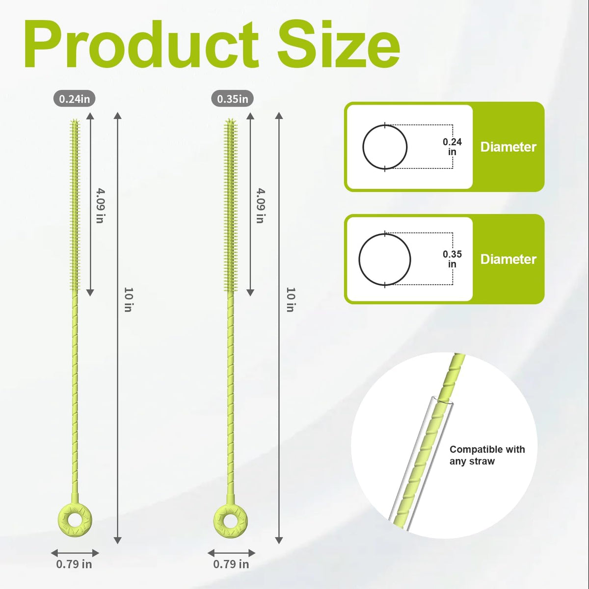 YOTIME Silicone Straw Cleaner Brush, 2 Pcs Reusable Straw Brush(6mm+9mm) for Cleaning Narrow & Wide Straws, Tumblers, Green