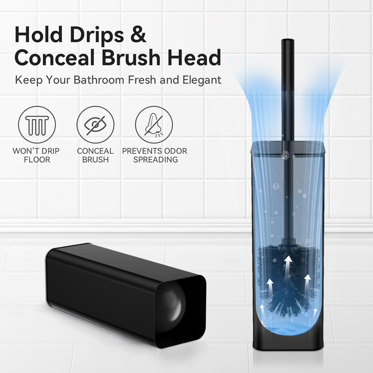 DOWRY Toilet Bowl Brush and Holder for Bathroom Storage Organization Deep Cleaning Covered Brush Cleaner Black Toilet Brush with 2 Brush Holders,Black Square