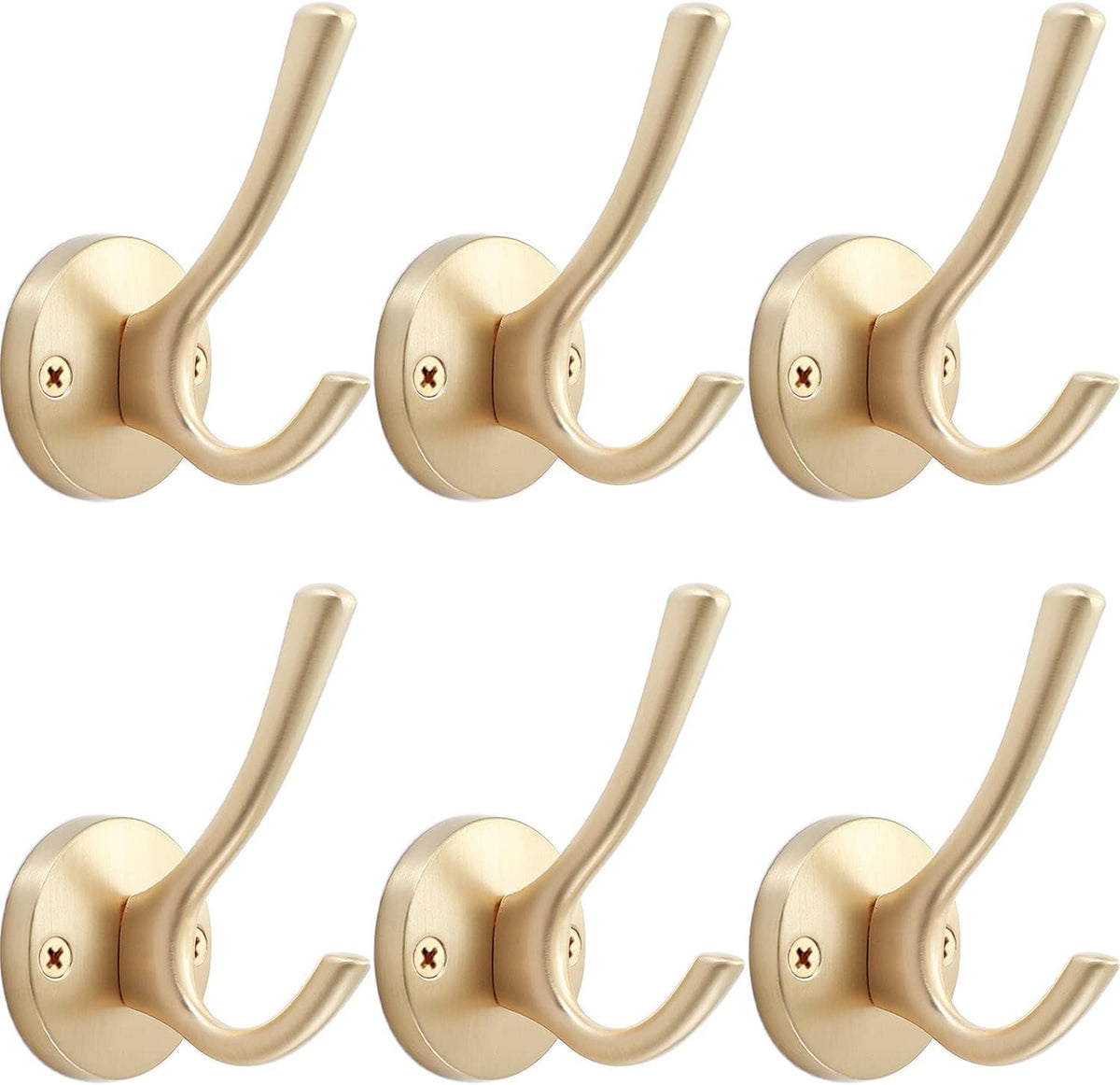 Gold Wall Hooks, 6 Pack Coat Robe Hook Heavy Duty Metal Double Bath Hook Wall Mounted, Hand Towel Hooks for Cubicle Bathroom Kitchen Closet Garage