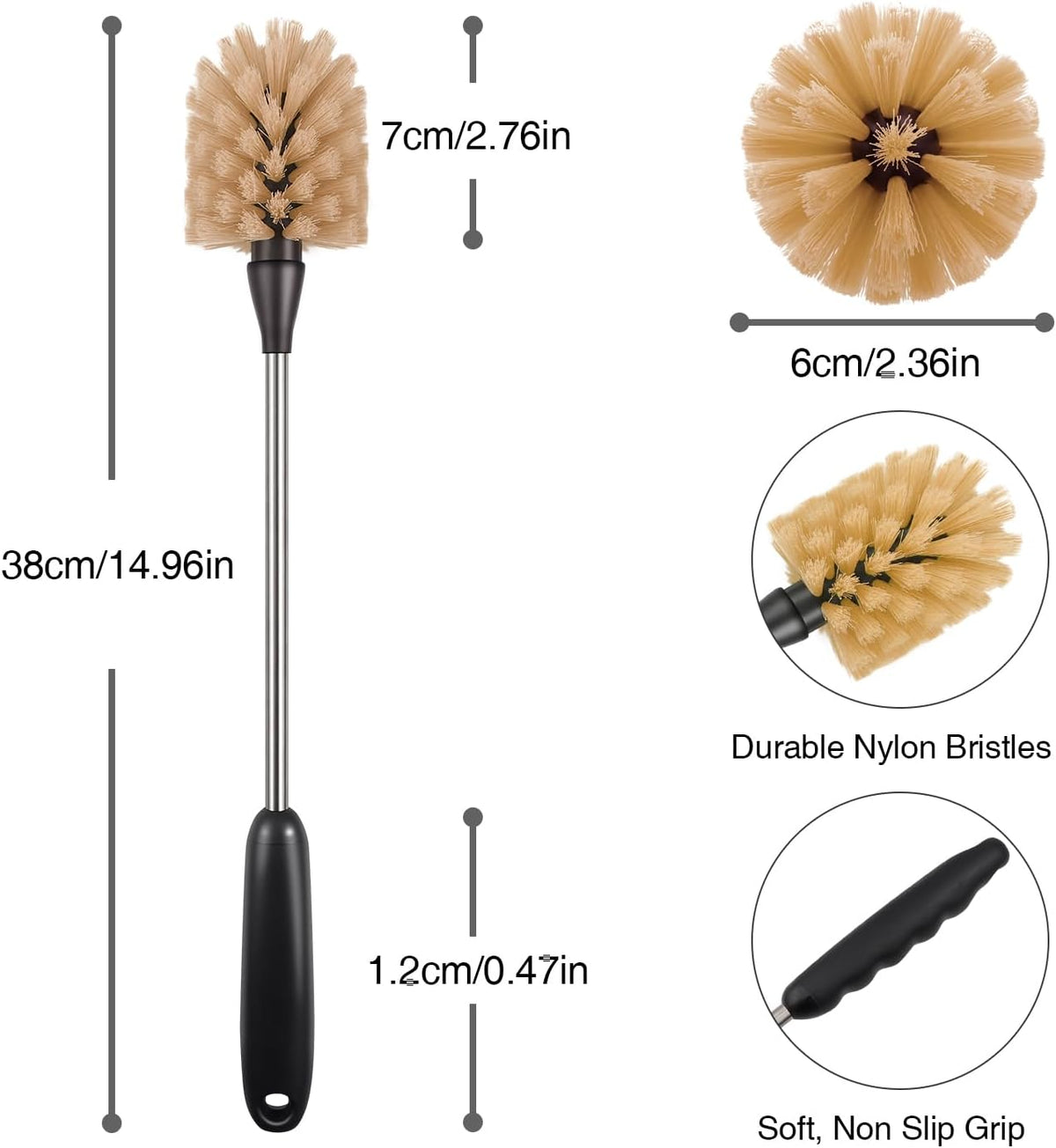 2 Pack Water Bottle Brush, 15-inch Long Handle Cleaning Brush, Kitchen Scrubber, Bottle Brush Cleaner, Suitable for Water Bottles, Cups, Glasses, Baby Bottles, Wine Glasses, Brown