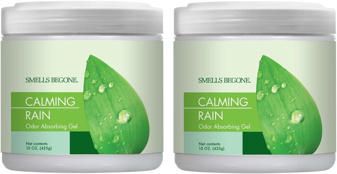 SMELLS BEGONE Air Freshener Odor Absorber Gel - 15 oz, Pack of 2 - Absorbs and Eliminates Odor in Pet Areas, Bathrooms, Cars, & Boats - Made with Essential Oils - Calming Rain Scent