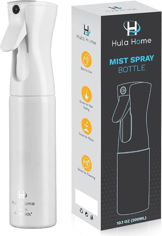 Hula Home Spray Bottle for Hair (10.1oz/300ml) - Powered by Flairosol® Spray Technology - Continuous Ultra Fine Mist Sprayer – For Hairstyling, Cleaning, Salons, Plants, Essential Oil - All White