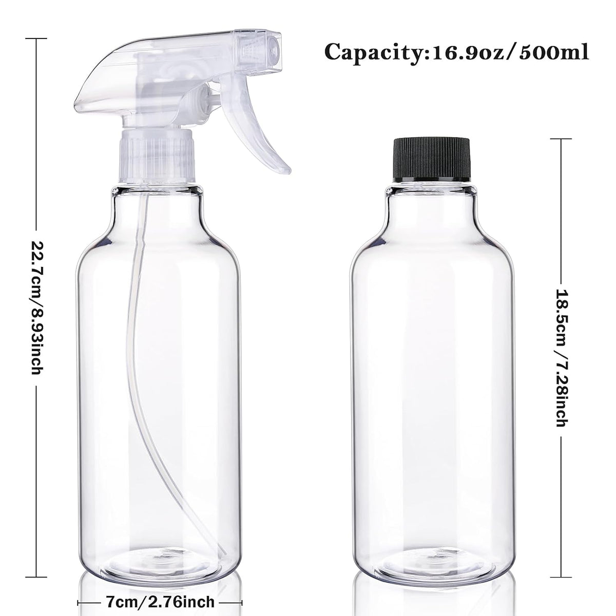 Plastic Spray Bottles Empty Spray Bottle 16.9oz/500ml 2 Pack Heavy Duty Spraying Bottles Mist/Stream Water Bottle for Cleaning Solutions, Essential Oils, Hair (Clear)
