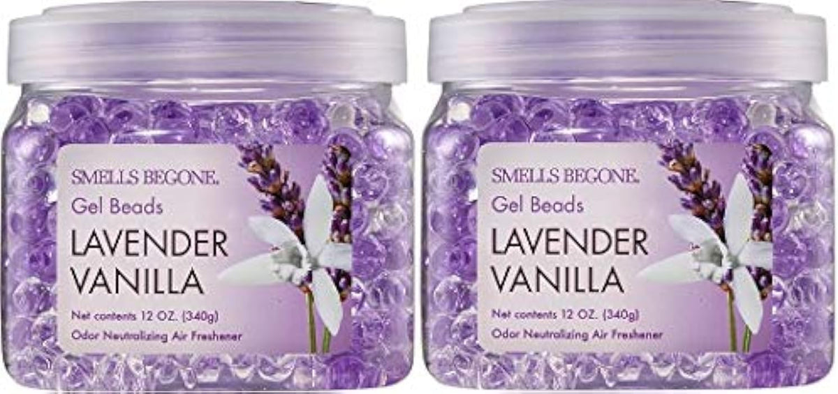 SMELLS BEGONE Odor Eliminator Gel Beads - 12 oz, Pack of 2 - Eliminates Odor in Bathrooms, Cars, Boats, RVs & Pet Areas - Air Freshener - Made with Essential Oils - Lavender Vanilla Scent