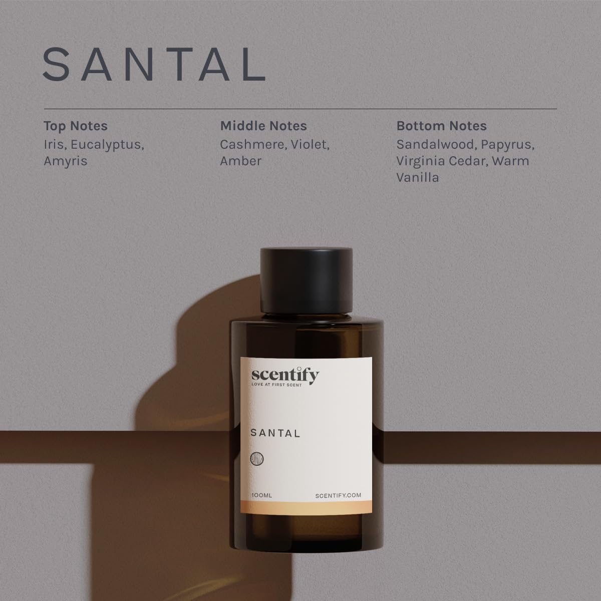 Scentify Santal Aroma Oil Refill Scent for Oil Diffusers - Iris, Amber, Sandalwood, Cedar Scents - Luxurious Relaxing Aromatherapy Diffuser Fragrance 100ml, 3.38 oz