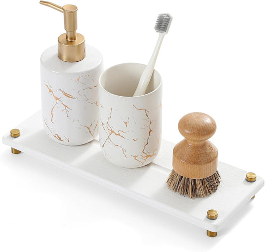 Water Absorbing Stone Sink Caddy Kitchen Sink Organizer Tray, Diatomite Bathroom Counter Tray, Gold Faucet Drying Mat Coaster Soap Dish Rack Riser Dispenser Sponge Holder, White 12.5" x 4.5"