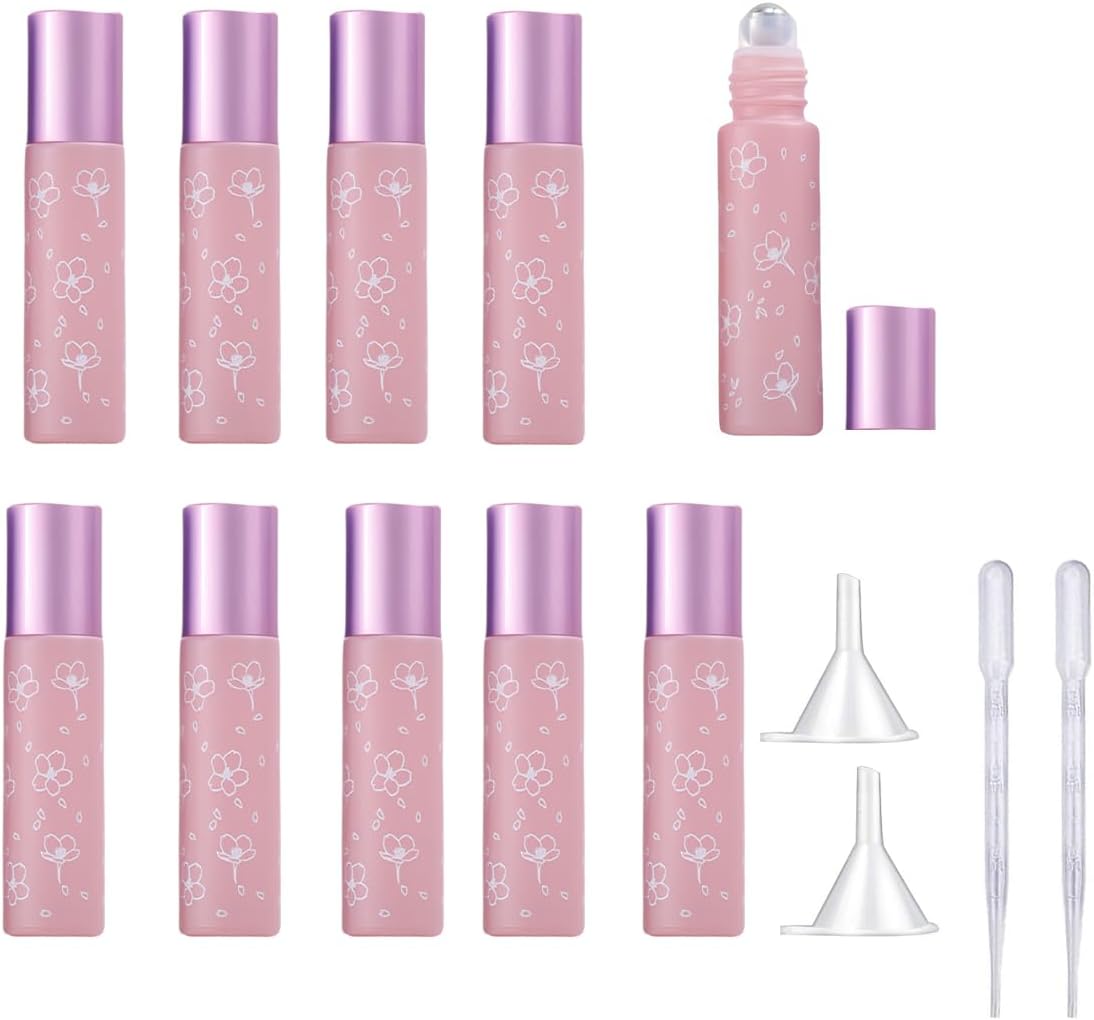 10 Pcs Pink Glass Essential Oil Roller Bottles, 10ml Refillable Roll-on Bottles with Stainless Steel Roller Balls for Travel, Aromatherapy, Lip Balms
