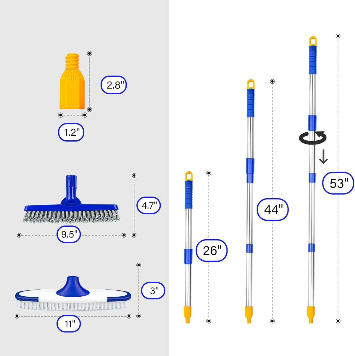 ITTAR Grout & Scrub Brush Combo, Floor Scrubber with Long Handle, Multi-Purpose Stiff Bristles Cleaning Brush Set for Tile, Grout, Deck, Kitchen, Shower Floor (2 Pcs)