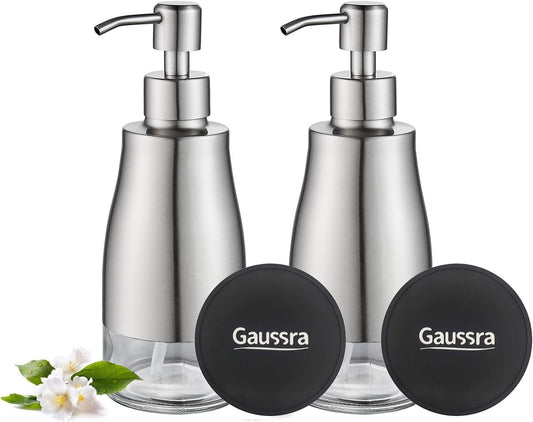 Gaussra 2 Pack Soap Dispenser with Coaster and Stickers, Stainless Steel Case Glass Liner Hand Pump Dispenser, Refillable Liquid Hand Soap Dispenser for Bathroom & Kitchen - Brushed Nickel